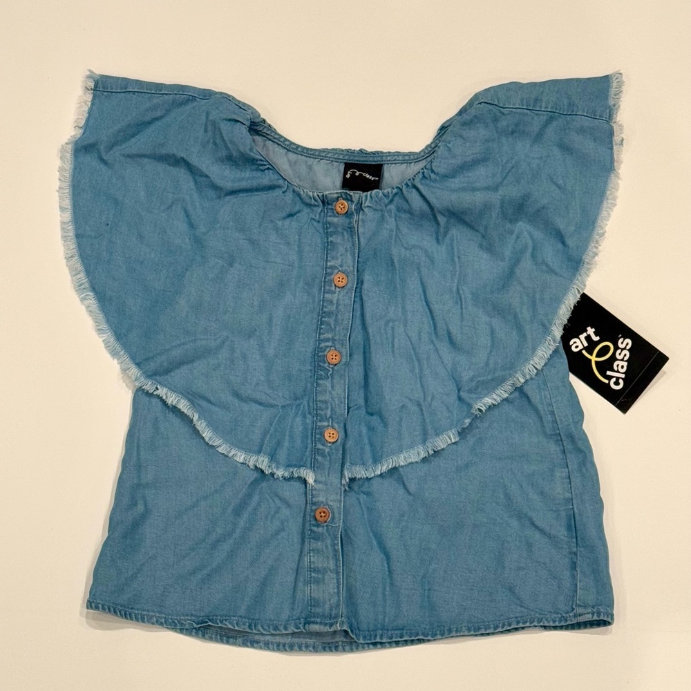 Art & Class Chambray Ruffle Button Up Blue Denim Girl Top 4T